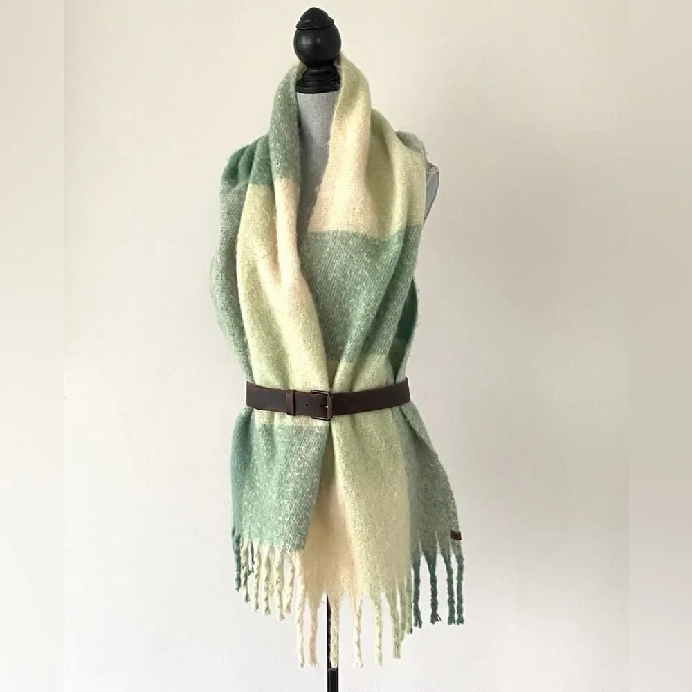 Lucky Brand Green & Cream Oversized Fringe Scarf Versatile Casual Chic Laganlook